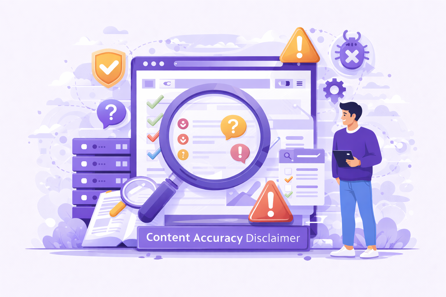 Accuracy of Content and Information Disclaimer illustration showing disclaimer document on clipboard with warning symbol, no warranty stamp, verification process, and user reviewing content accuracy, limitations, and reliability of information.