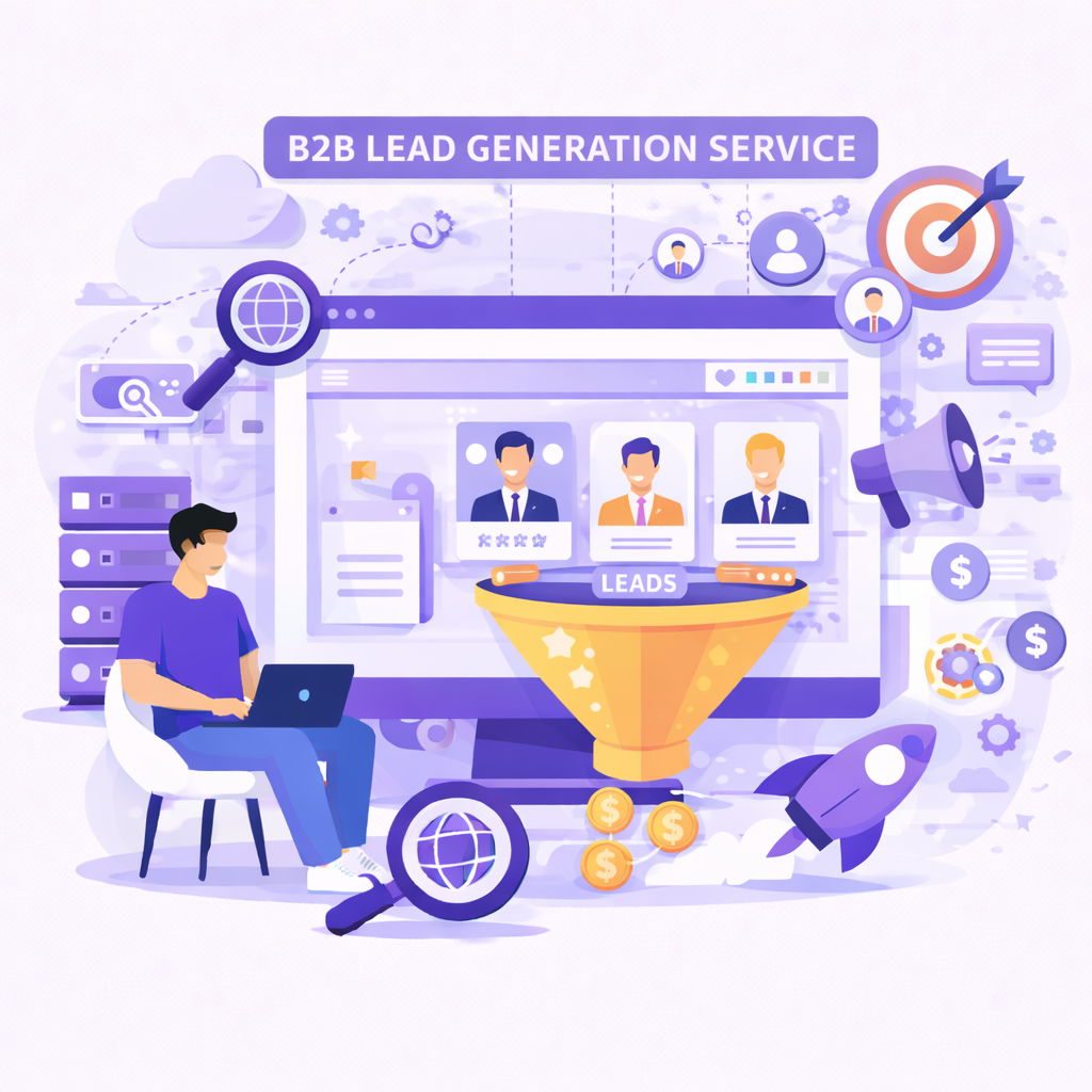 B2B Lead Generation service illustration showing a marketer capturing qualified business leads through a sales funnel with target audience profiles, analytics tools, and conversion optimization elements on a digital dashboard.