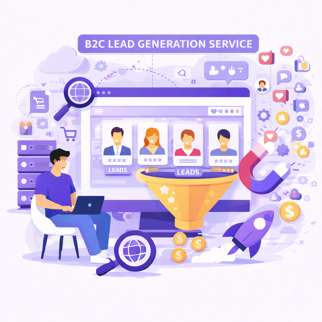 B2C Lead Generation service illustration showing a marketer attracting consumer leads through a sales funnel with audience profiles, social engagement signals, targeting tools, and conversion optimization on a digital platform.