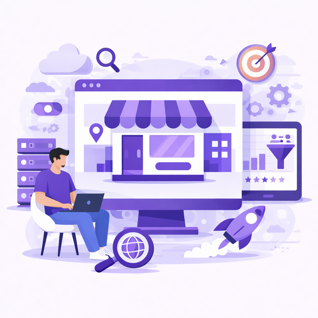 Business Websites service illustration showing a developer building a professional business website on desktop with SEO tools, analytics dashboard, target optimization, and digital growth elements.