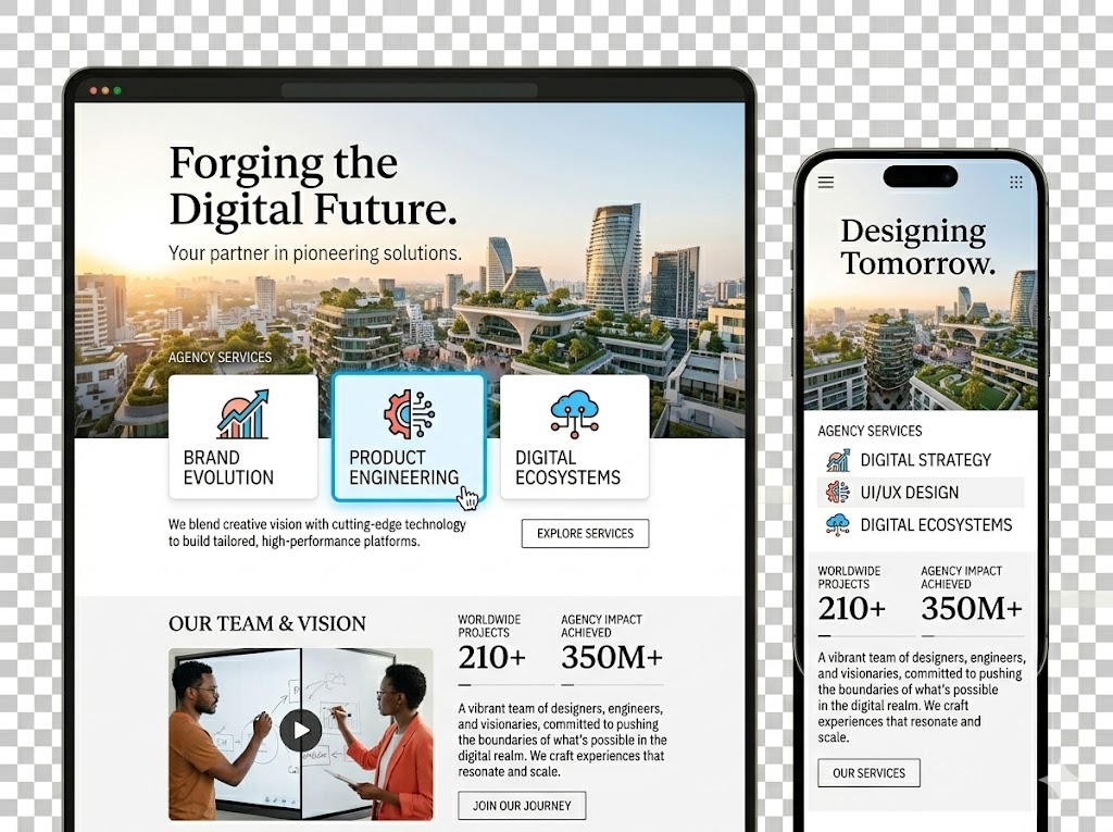 Responsive website design concept for JamSEO Agency displayed on desktop and mobile screens, highlighting digital strategy, product engineering, brand evolution, and digital ecosystem services with a modern cityscape background.