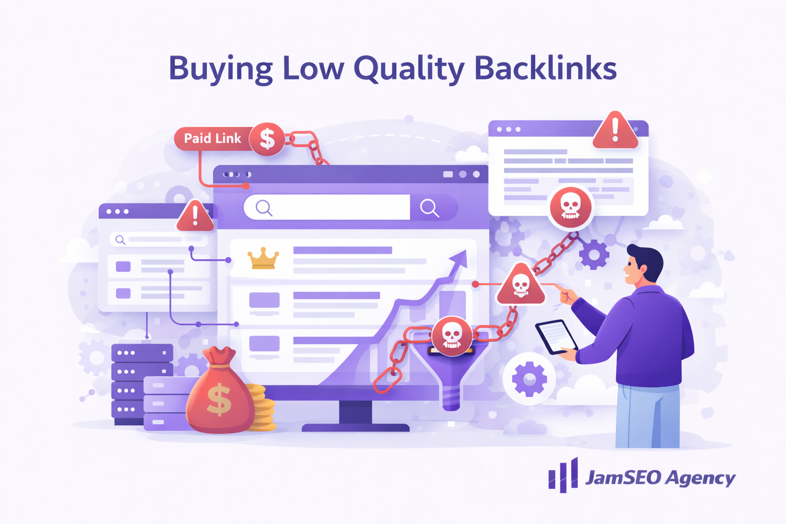 Buying low quality backlinks illustration showing paid links spam signals toxic chains and negative impact on SEO rankings