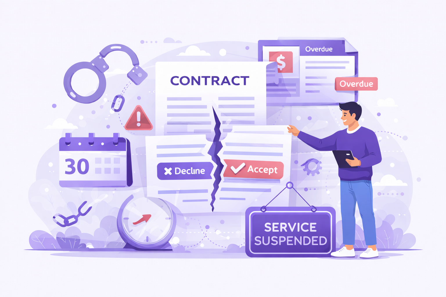 Cancellation & Termination of JamSEO Agency illustration showing contract termination, service suspension, overdue payments, notice period, and agreement cancellation conditions.