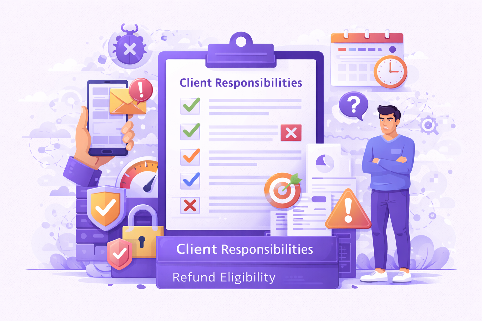 Client Responsibilities Affecting Refund Policy Eligibility illustration showing checklist of client duties, approval timelines, communication alerts, access requirements, and performance factors impacting refund eligibility, with user reviewing responsibilities and compliance conditions.