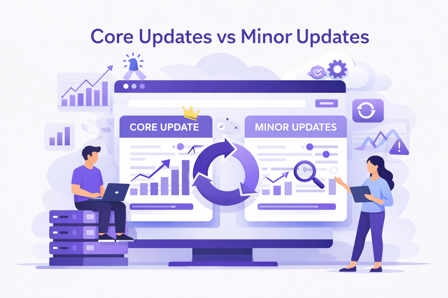 Core Updates vs Minor Updates Explained illustration showing comparison of major Google algorithm changes and smaller updates with SEO performance charts, ranking analysis, and optimization insights
