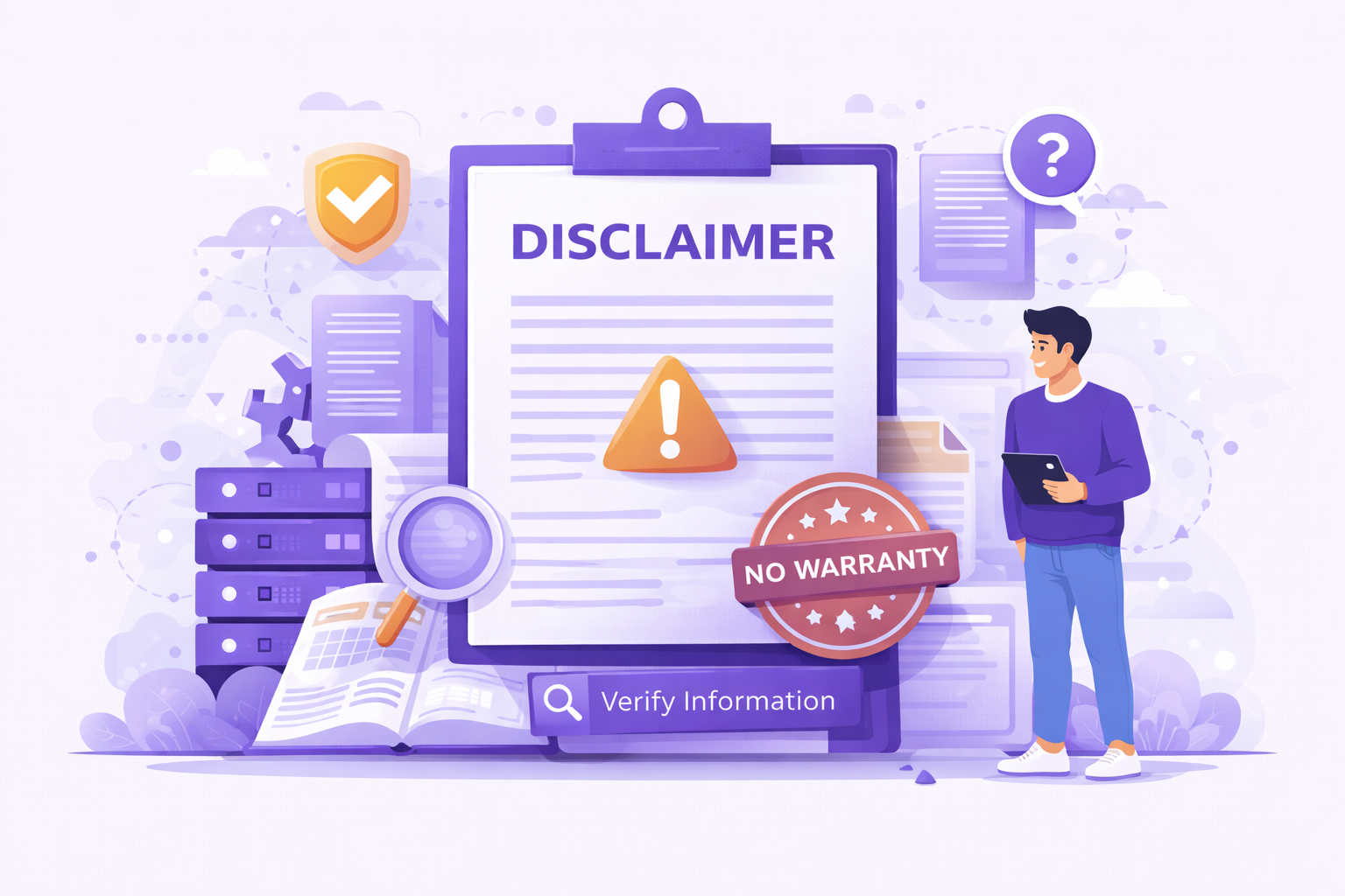 Disclaimer of JamSEO Agency illustration showing official disclaimer document on clipboard with warning icon, no warranty stamp, verification process, legal information pages, and user reviewing terms and conditions for service transparency and liability notice.
