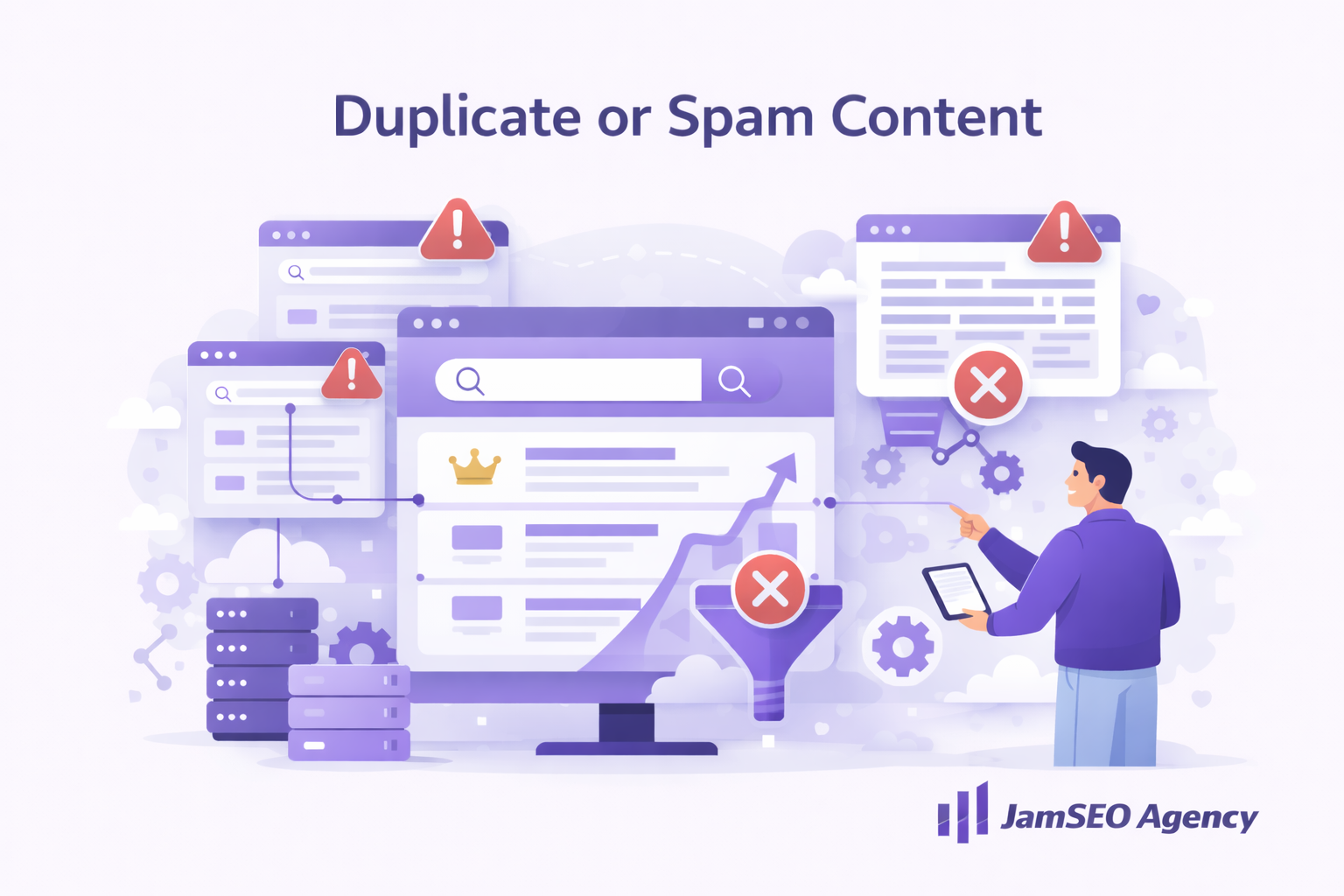 Duplicate or spam content illustration showing low quality pages filtering issues content duplication signals and negative SEO impact on rankings