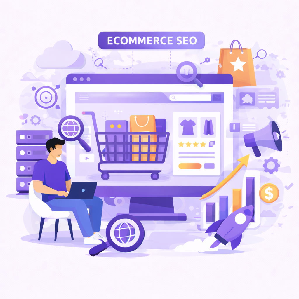 Modern SaaS style illustration of an eCommerce website interface displayed on a laptop, featuring product listings, shopping cart, online payment elements, and a digital marketer holding a credit card and tablet, surrounded by shopping icons in a purple themed design.