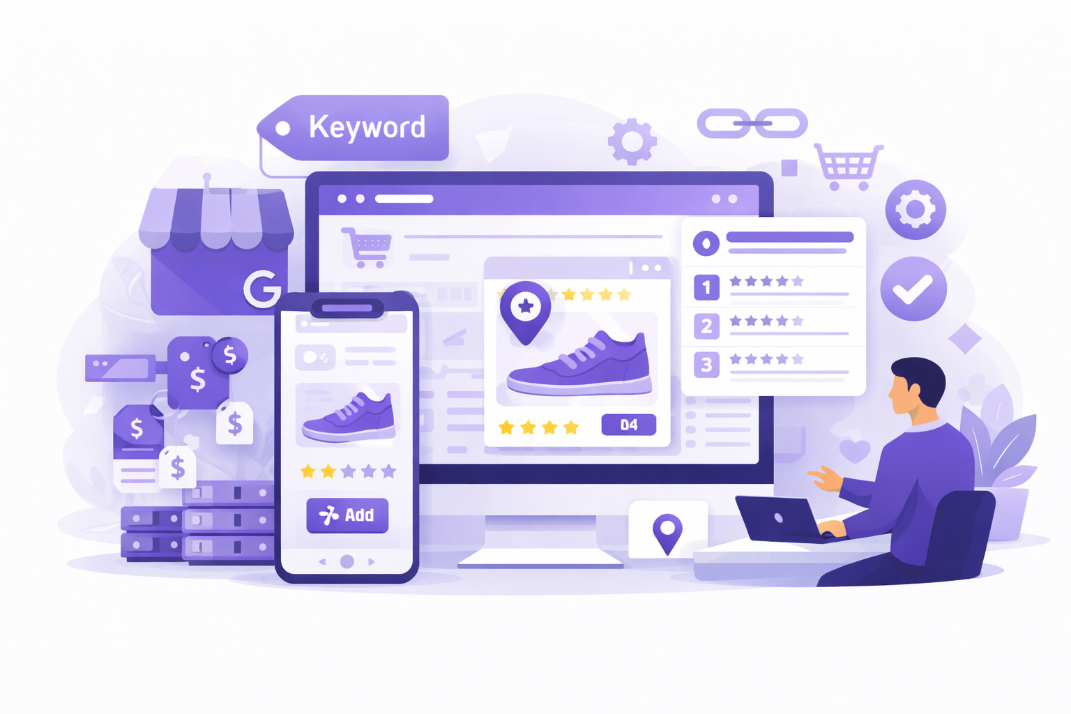 JamSEO Agency ecommerce SEO service illustration showing product page optimization, keyword targeting, product rankings, reviews, and online store search visibility growth.