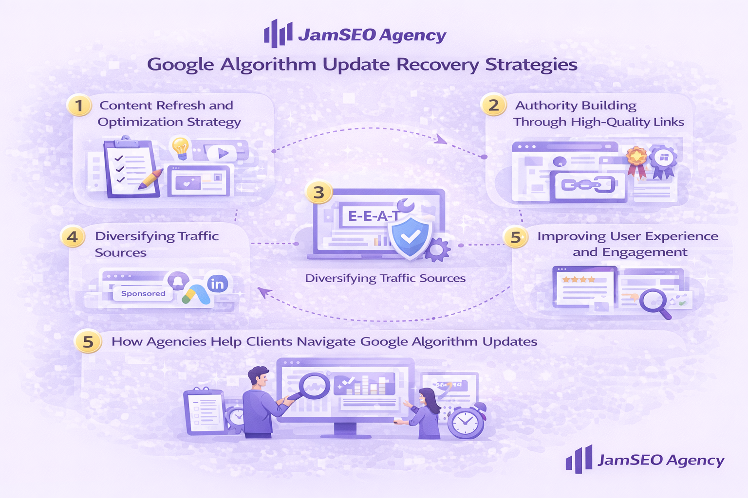 Google algorithm update recovery strategies illustration showing content optimization link building E-E-A-T improvement traffic diversification and SEO performance growth