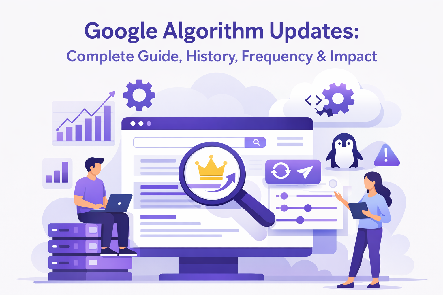 Google Algorithm Updates illustration showing search ranking analysis, SEO performance charts, and website optimization concepts for complete guide, history, frequency, and impact.