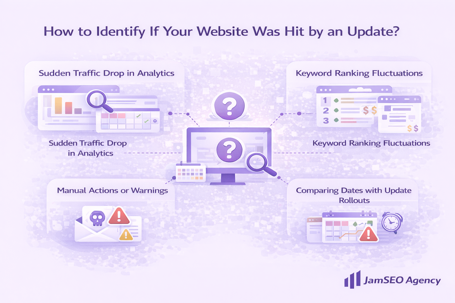 How to identify if your website was hit by an update illustration showing traffic drops keyword ranking changes analytics checks and Google update signals