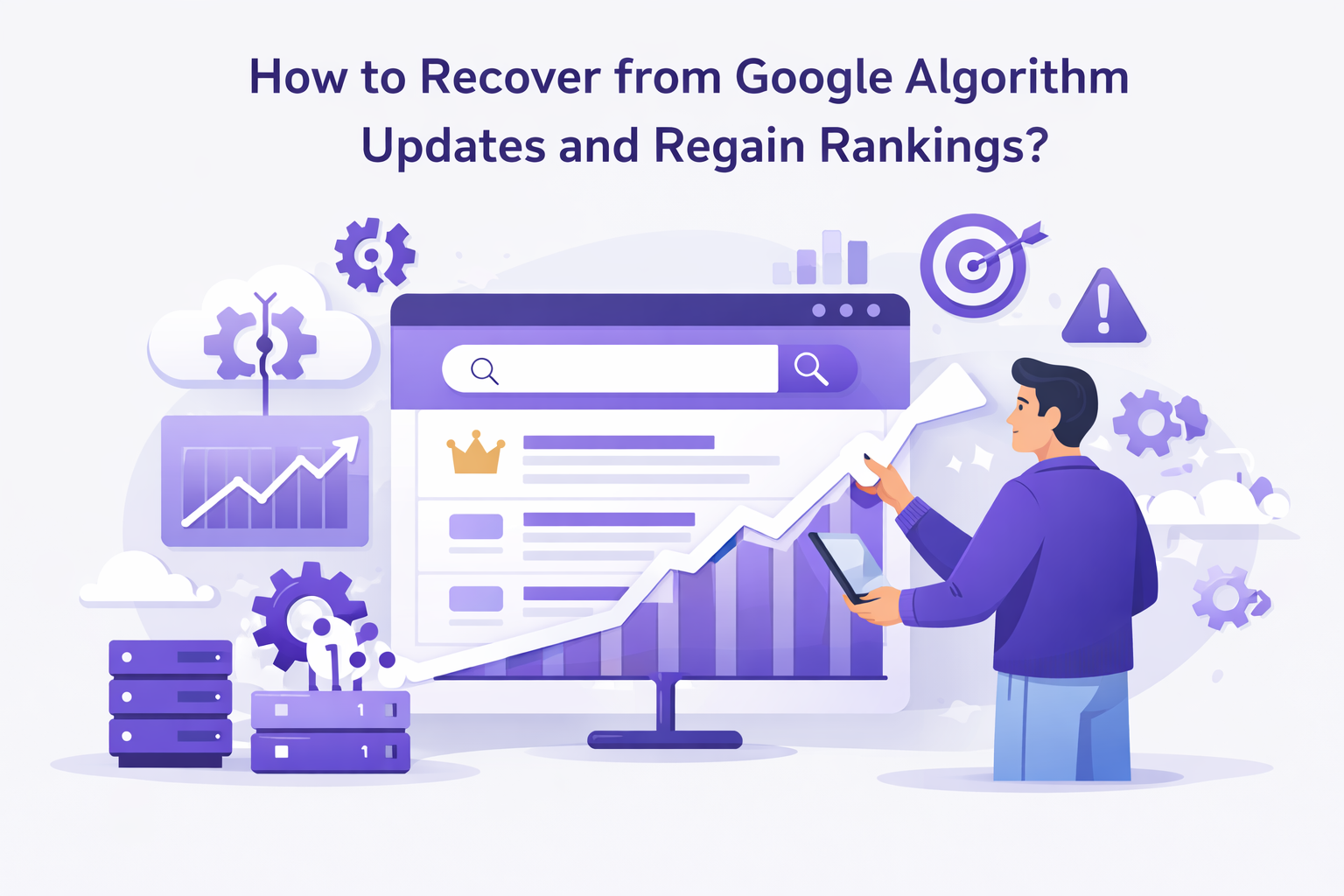 Recovering from Google algorithm updates illustration showing SEO expert improving rankings with upward graph, analytics dashboard, and search results interface in purple SaaS style