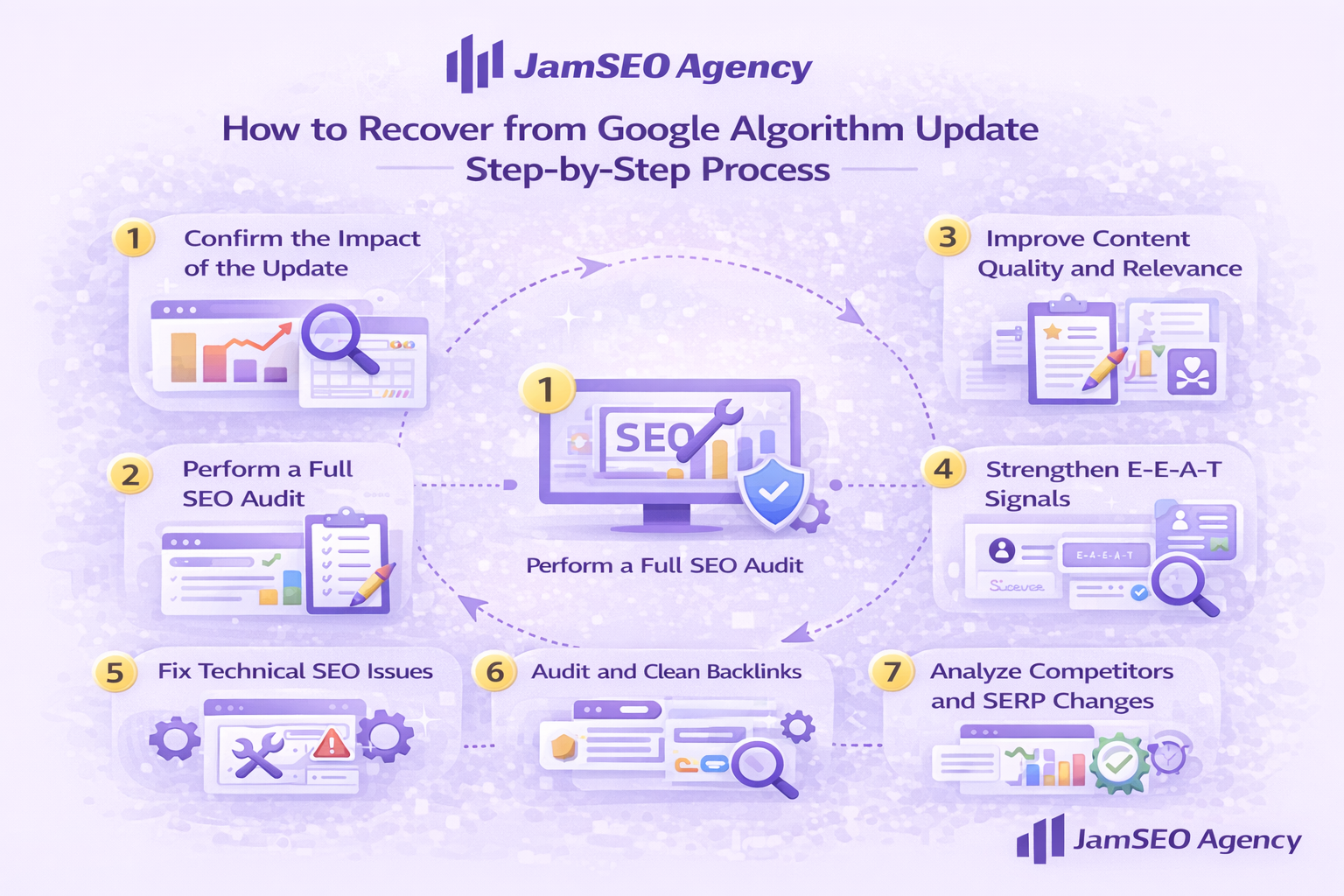 How to recover from Google algorithm update step by step process illustration showing SEO audit content improvement technical fixes and ranking recovery strategy