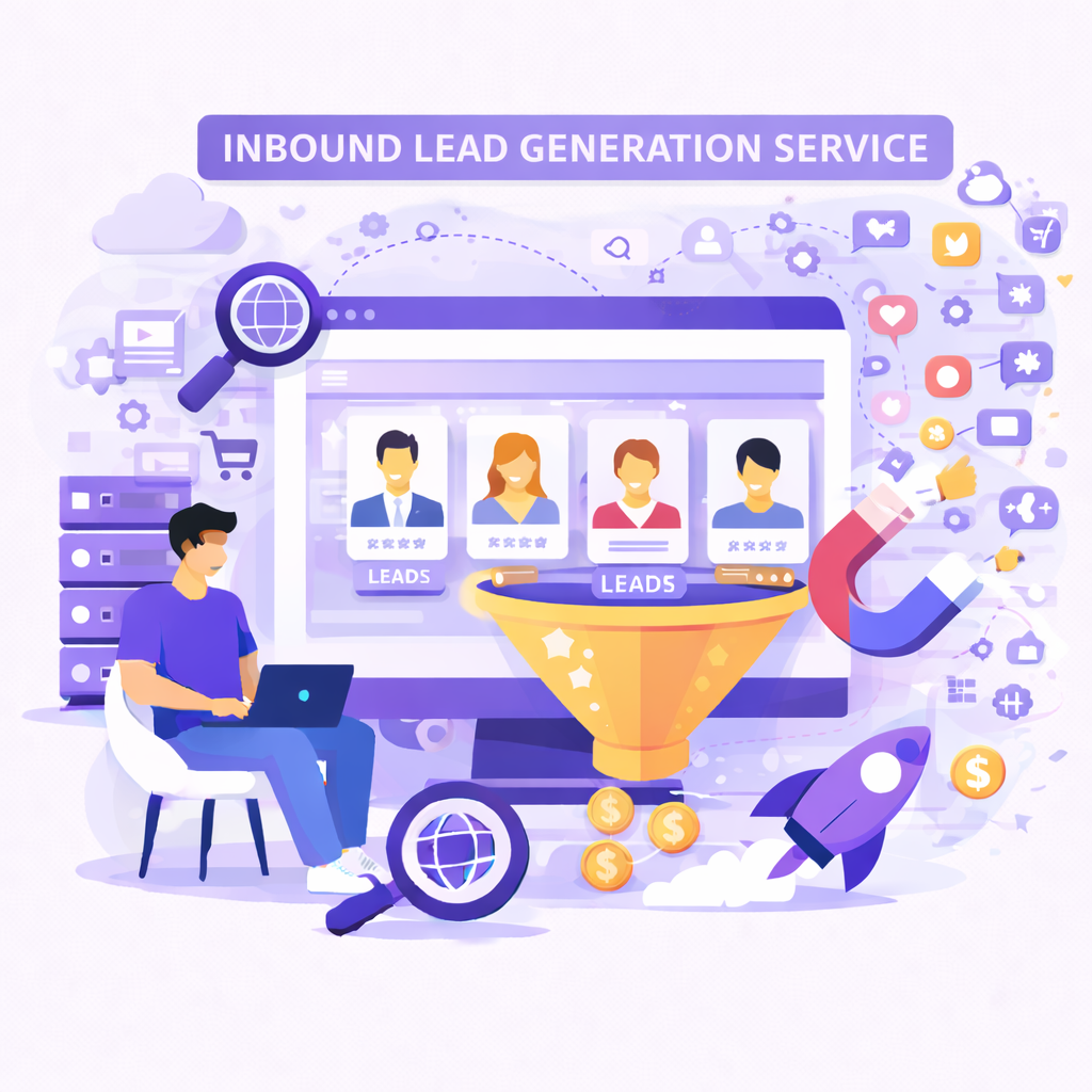 Inbound Lead Generation service illustration showing a marketer attracting organic leads through content marketing, social media engagement, and targeted strategies with a digital funnel and analytics dashboard.