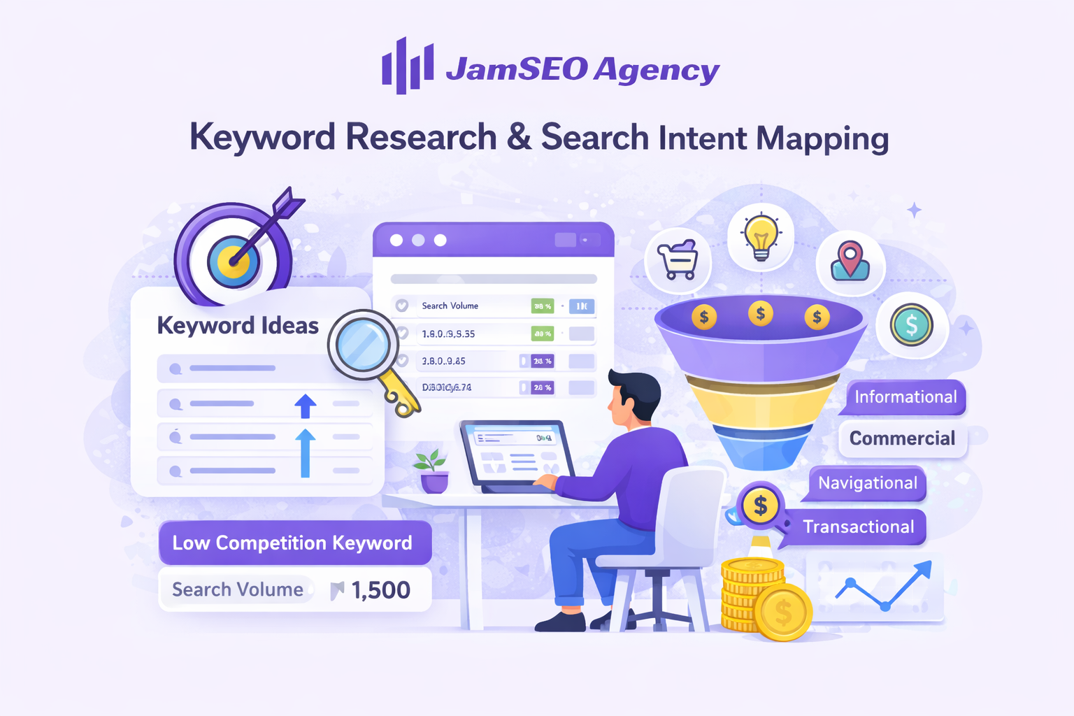 Keyword research and search intent mapping showing keyword ideas, search volume analysis, low competition keywords, and intent types including informational, commercial, navigational, and transactional