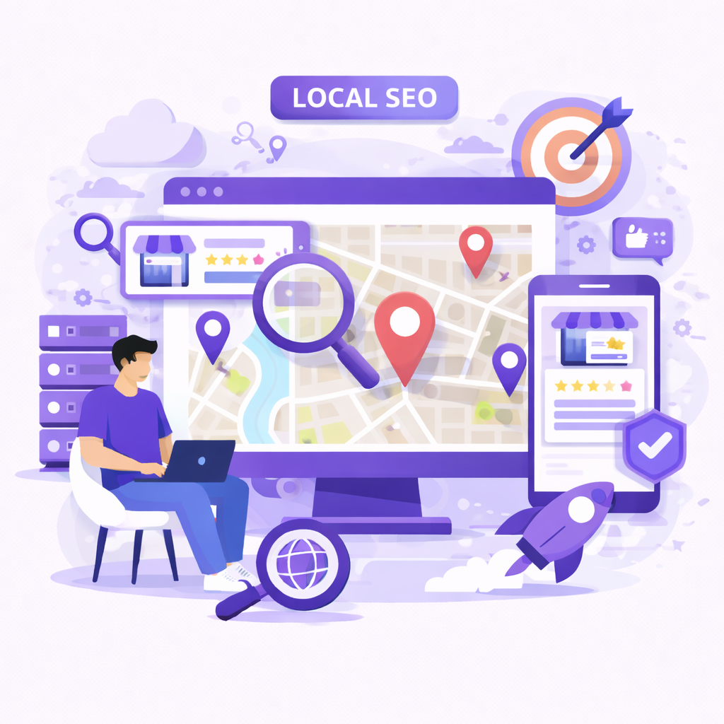 Local SEO service illustration showing map based search optimization with location pins business listings reviews and keyword targeting to improve local search rankings and customer visibility