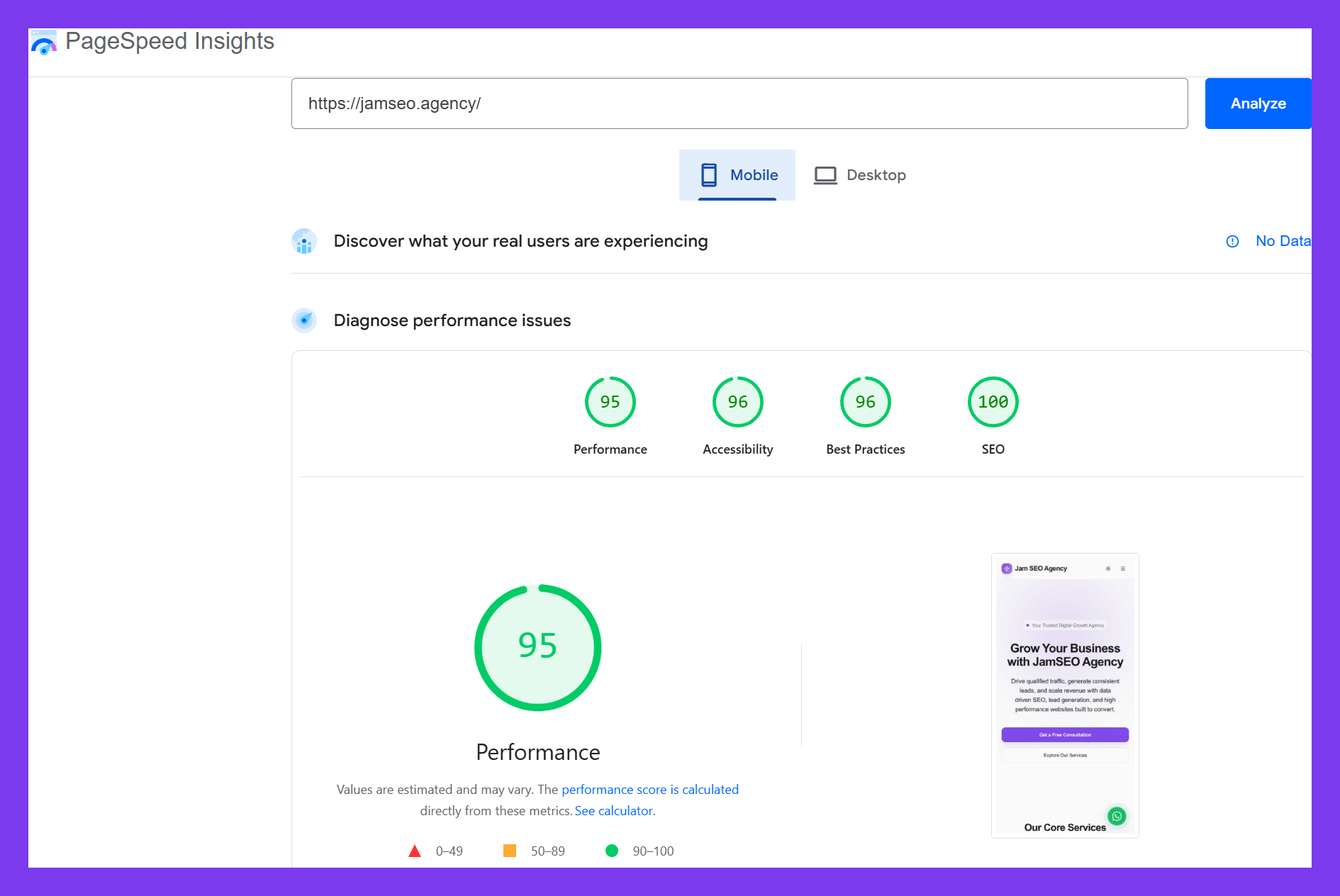 Mobile friendliness and page speed optimization shown through Google PageSpeed Insights with high performance score, accessibility, best practices, and SEO metrics for fast loading mobile experience