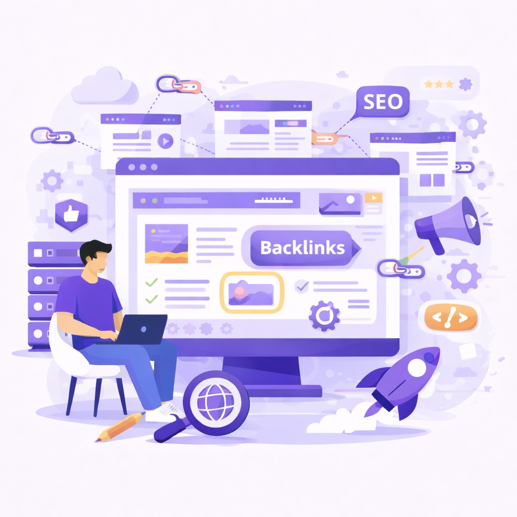 Off-Page SEO service illustration showing backlink building social signals domain authority growth and online reputation management to improve search rankings and website credibility