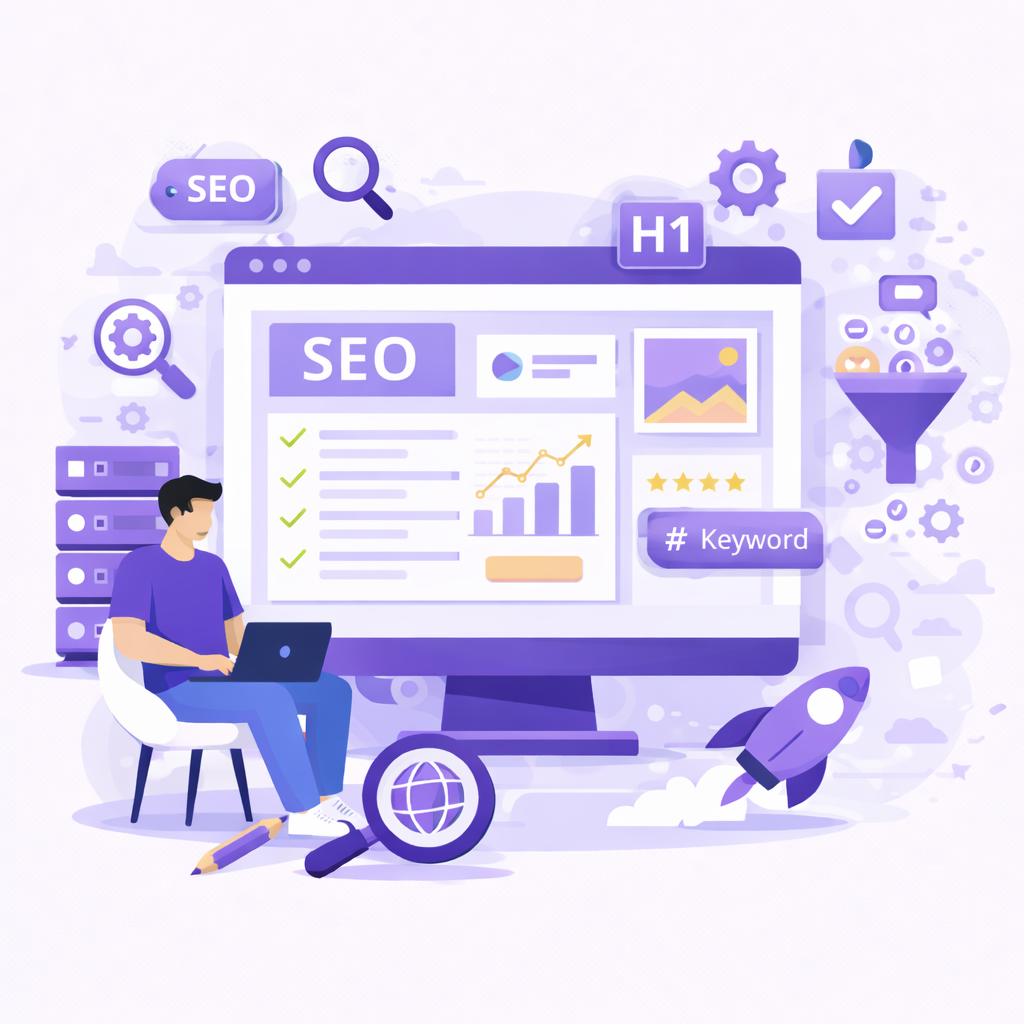On Page SEO service illustration showing website optimization with H1 tags content structure keyword placement internal linking and performance improvements to boost search rankings and user experience
