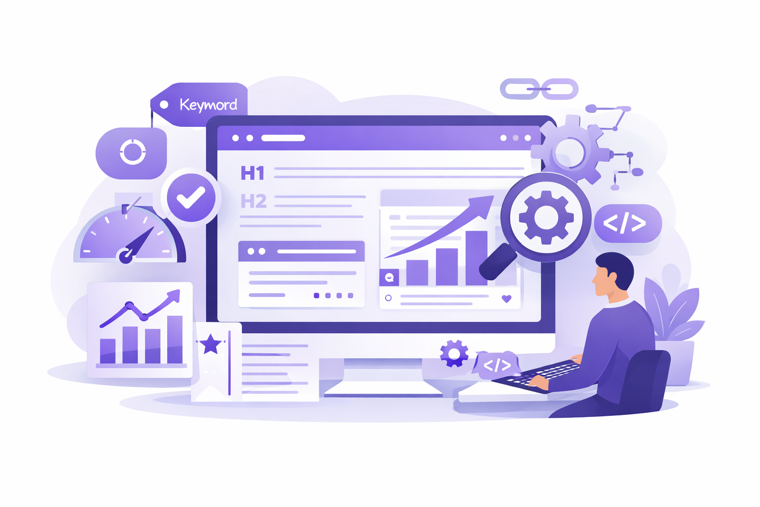 JamSEO Agency on page SEO service illustration showing optimized website structure with H1 and H2 tags, keyword targeting, technical settings, performance speed meter, analytics growth charts, backlink chain, and developer improving search rankings on desktop dashboard.
