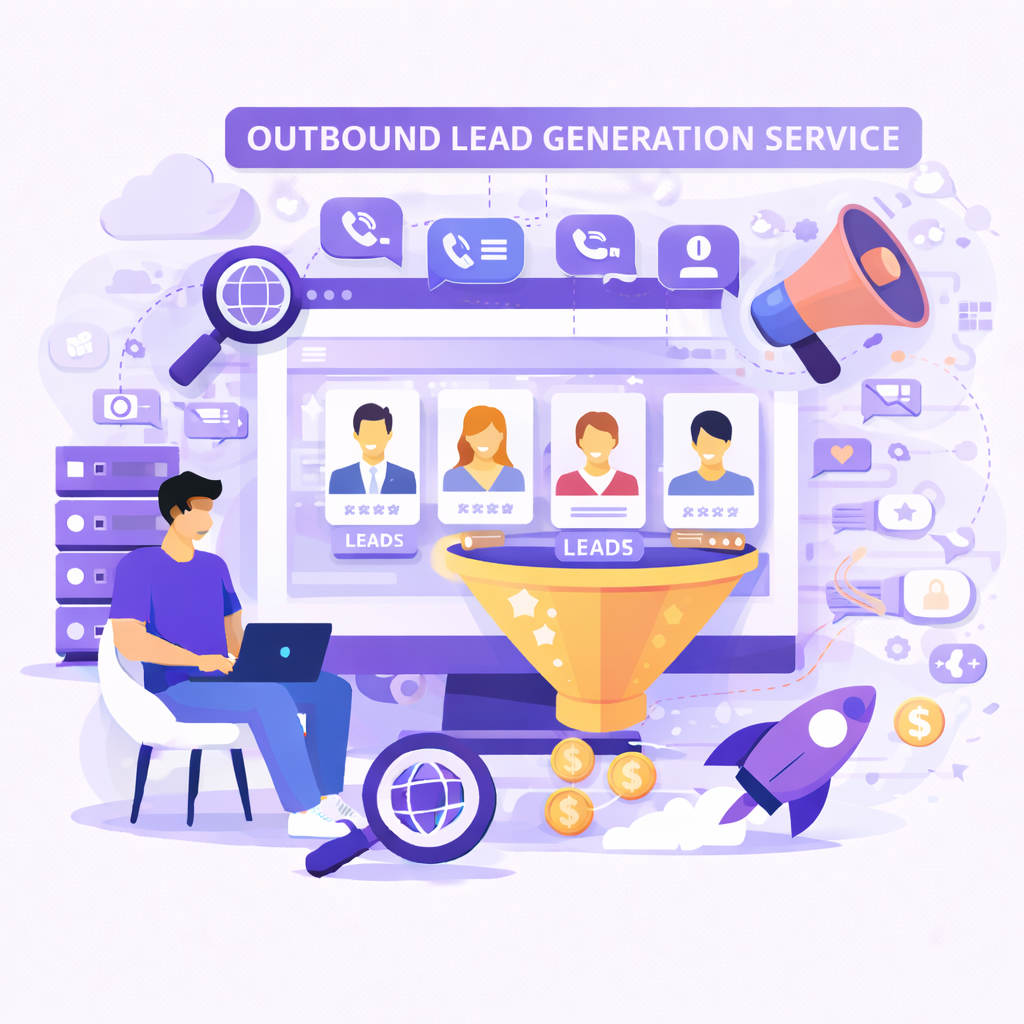 Outbound Lead Generation service illustration showing a marketer reaching potential customers through cold outreach, calls, emails, and targeted campaigns with a sales funnel, communication tools, and conversion tracking dashboard.