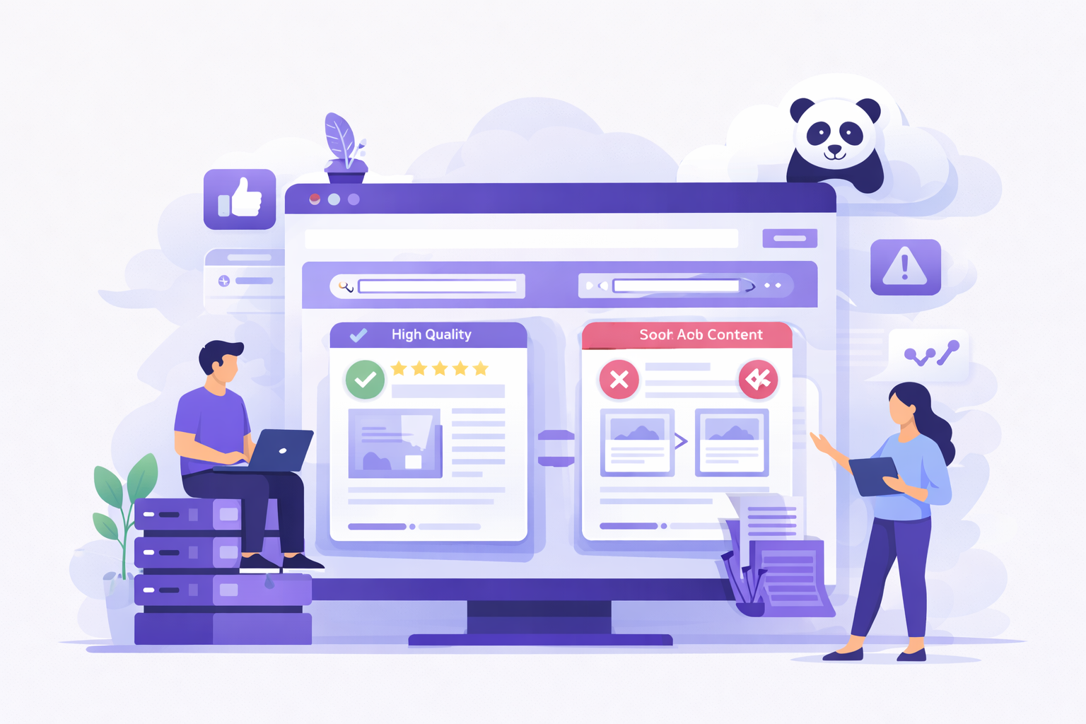 Panda Google Update illustration showing high quality content vs low quality content comparison, highlighting content evaluation, SEO ranking factors, and website quality improvement concepts