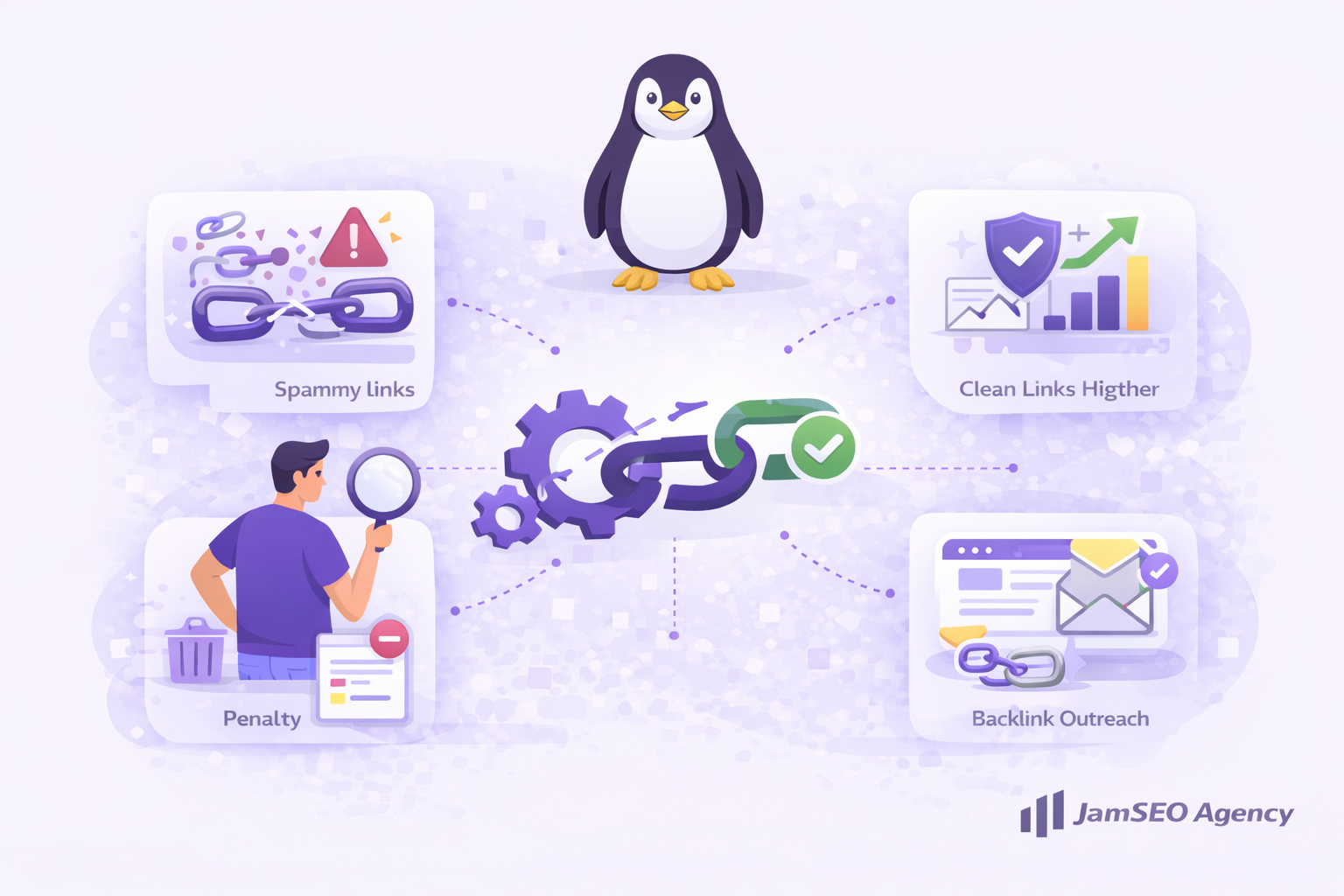 Penguin Google Update illustration showing spammy links vs clean backlinks, highlighting link penalties, backlink auditing, and SEO link building best practices