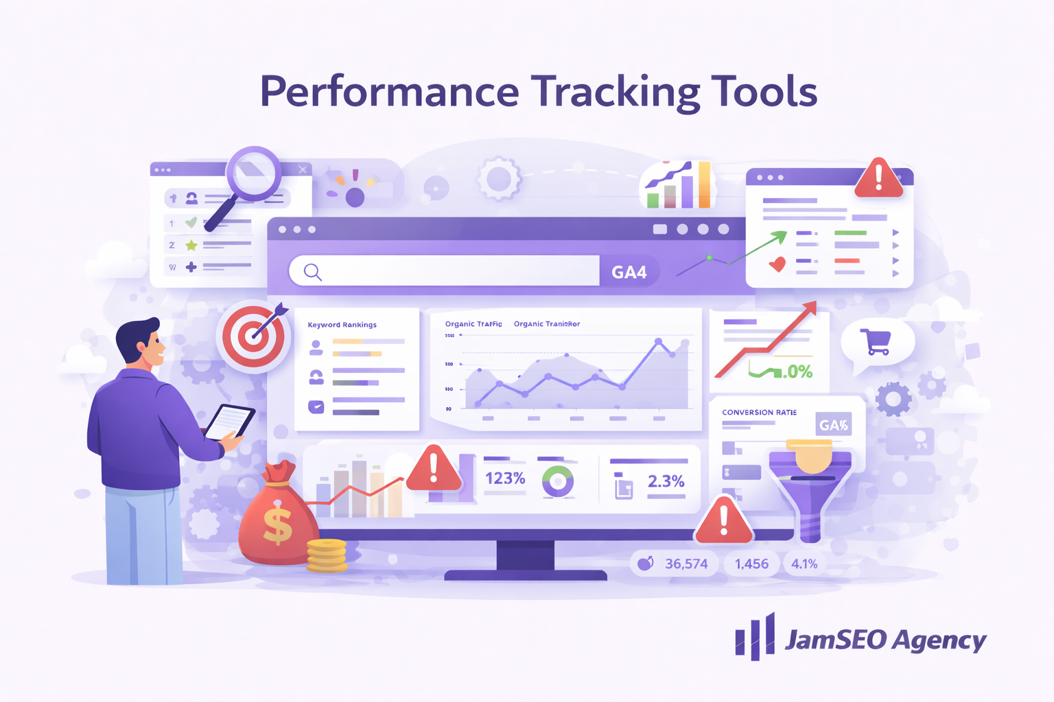 Performance tracking tools illustration showing analytics dashboard keyword rankings traffic trends conversions and SEO performance monitoring