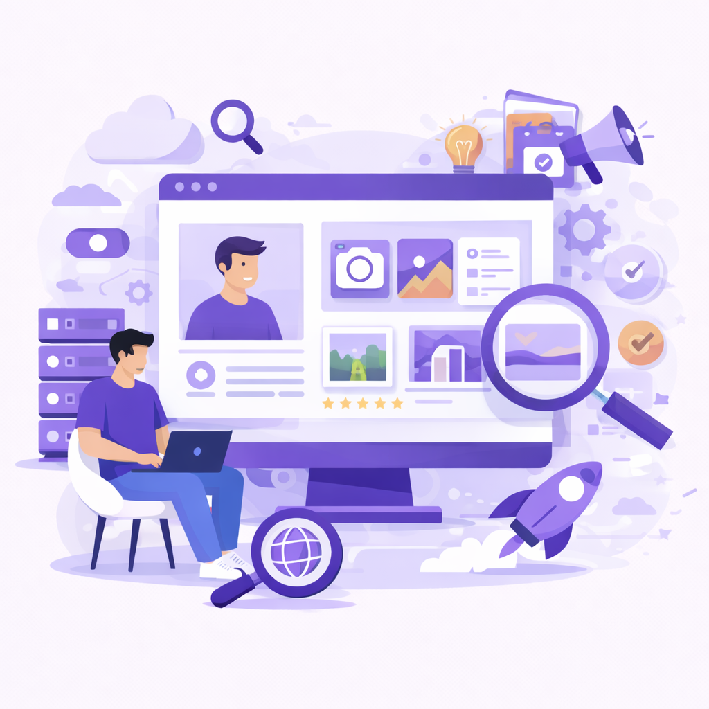 Portfolio Websites service illustration showing a designer creating a professional portfolio website with image galleries, project showcases, profile details, and SEO optimization elements on a desktop interface.