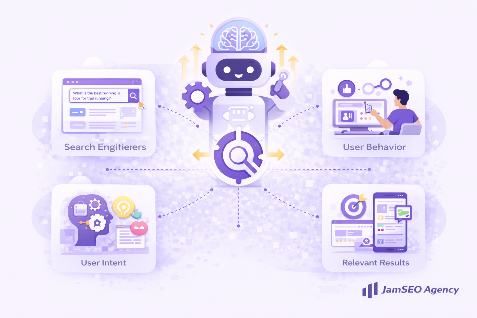 RankBrain Google Update illustration showing AI driven search engine processing, user intent analysis, behavior signals, and improved relevant search results optimization