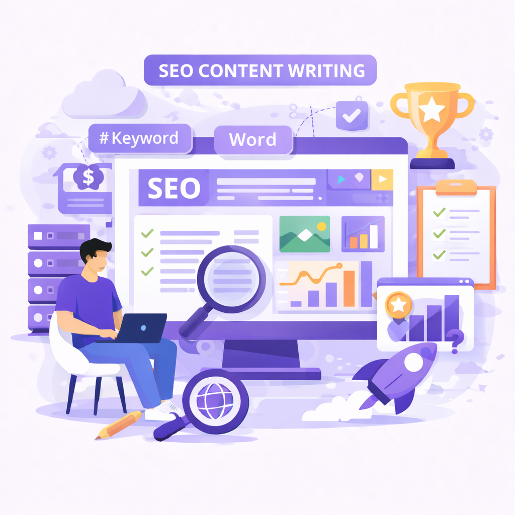SEO Content Writing service illustration showing keyword optimization content analysis on screen with magnifying glass target audience icons and digital marketing elements for search engine ranking and traffic growth