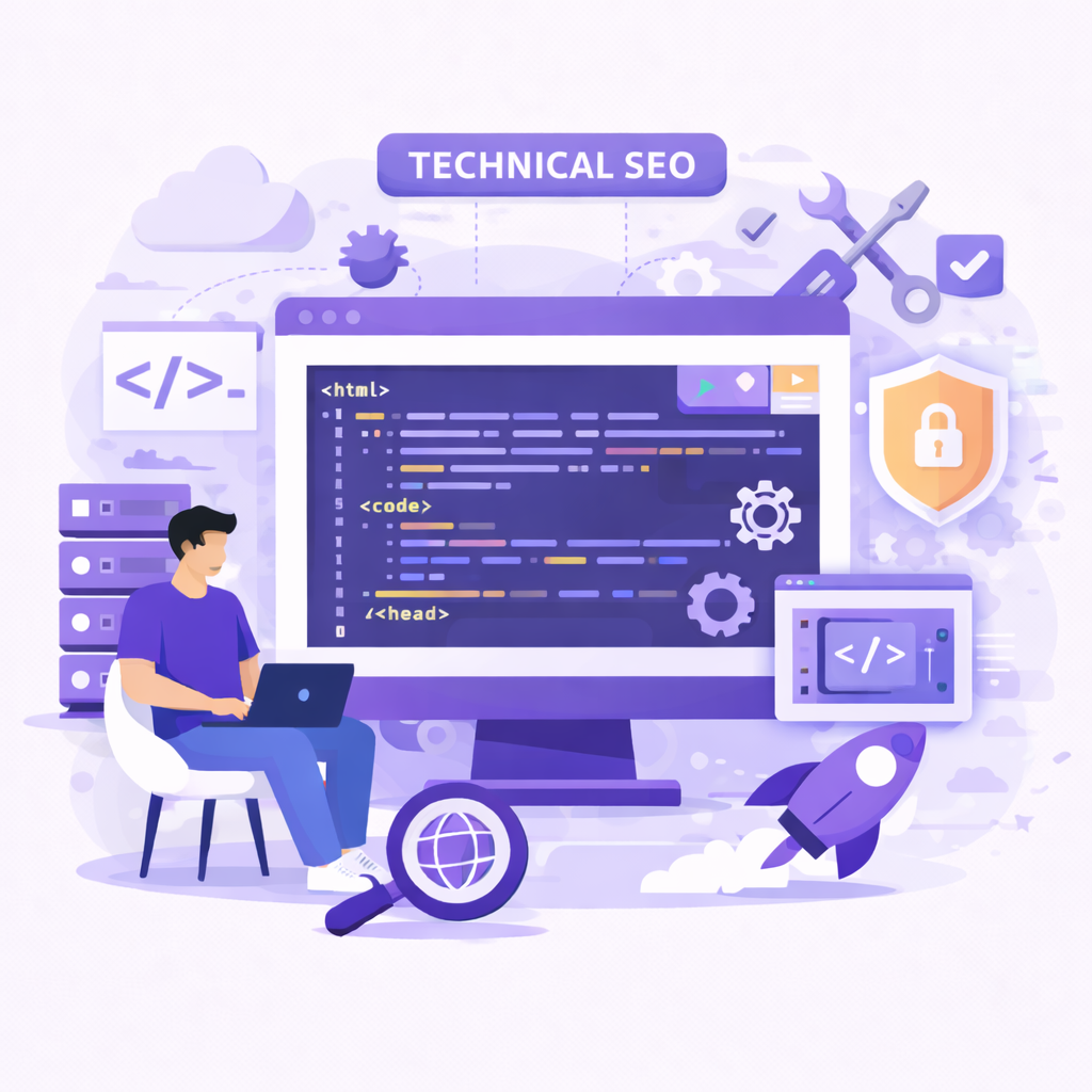 Technical SEO service illustration showing website optimization with HTML XML coding site speed performance security checks and error fixing to improve search engine crawling indexing and rankings