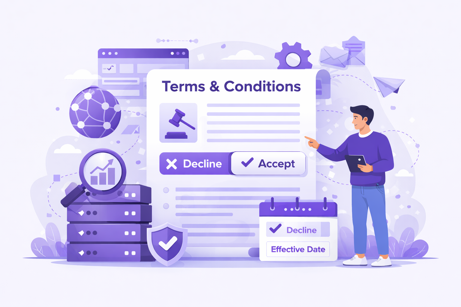 Terms and Conditions of JamSEO Agency illustration showing service agreement policies, legal terms acceptance, user compliance requirements, and digital service usage guidelines.