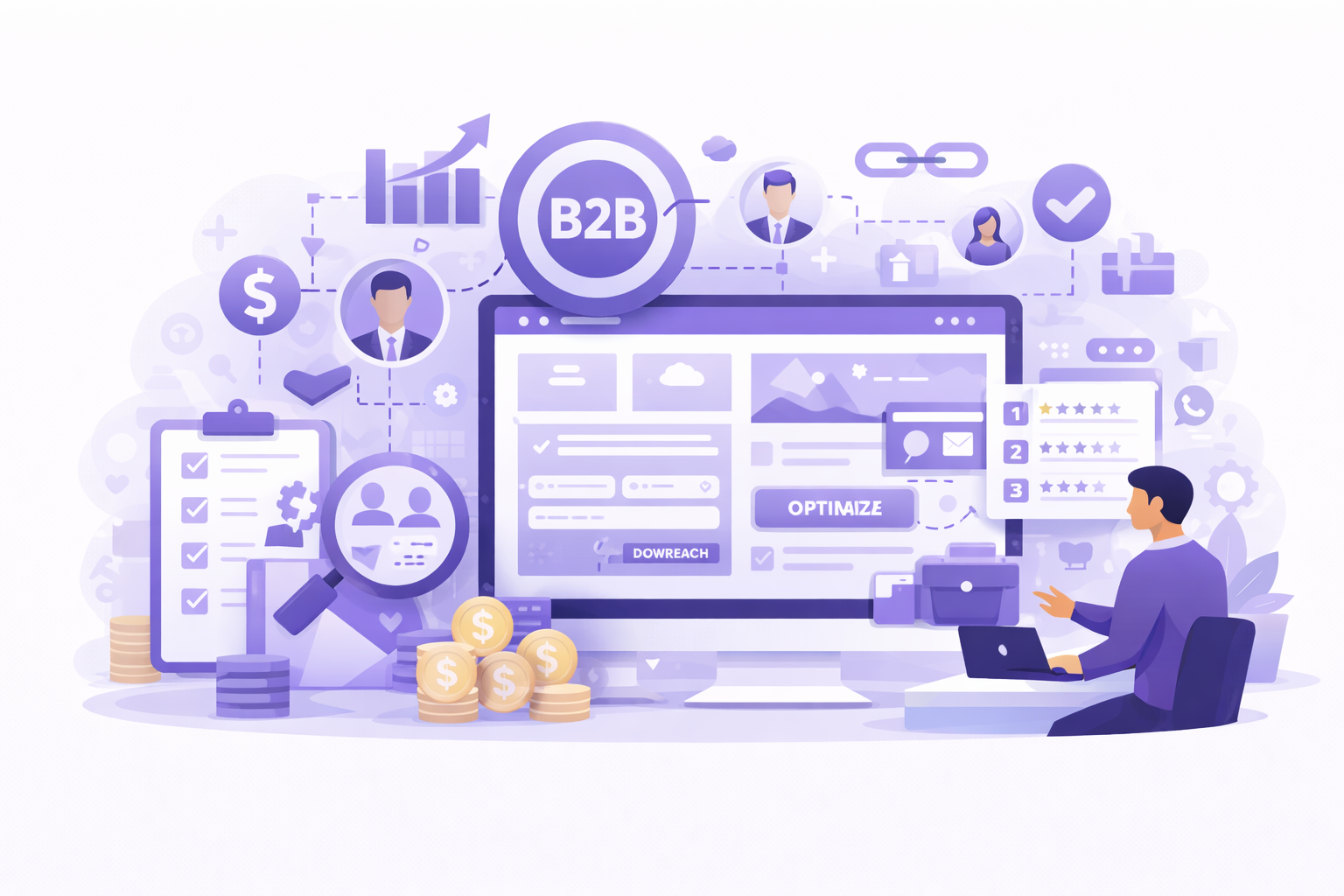 JamSEO Agency B2B lead generation services illustration showing targeted business outreach, qualified prospect identification, conversion funnels, and strategic campaigns for B2B client acquisition.