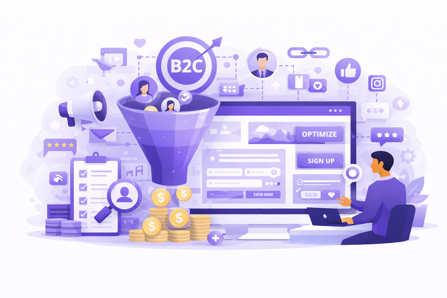 JamSEO Agency B2C lead generation services illustration showing consumer targeting, marketing funnel optimization, social engagement, and campaigns designed to convert visitors into customers.