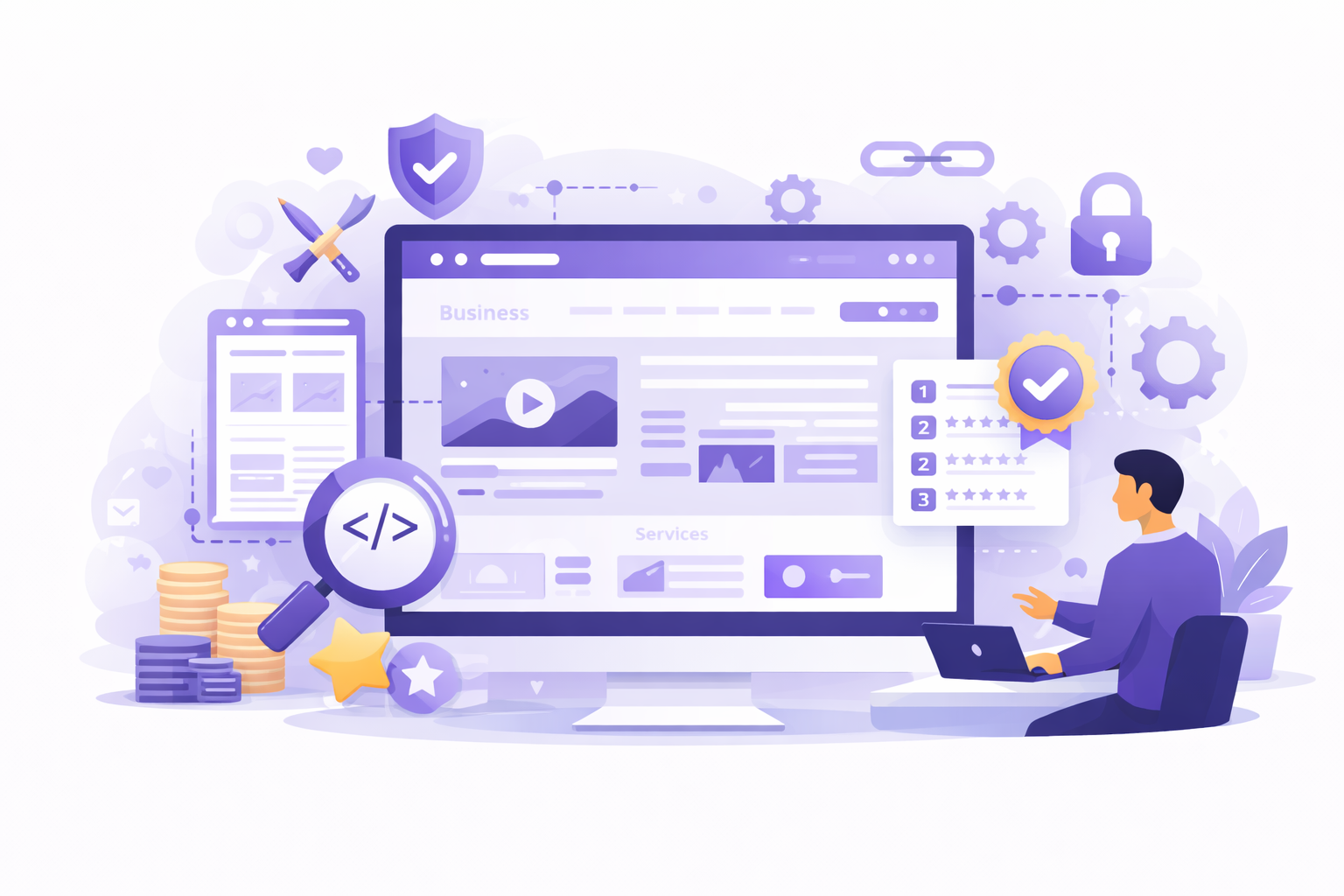 JamSEO Agency business website development service illustration showing professional website design, secure development, performance optimization, and user friendly business site architecture.