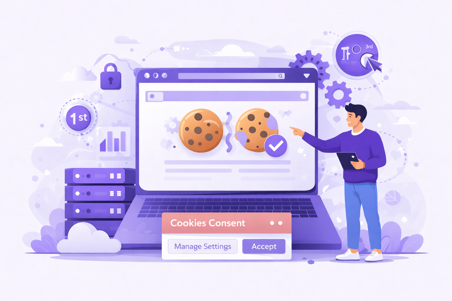 What Are Cookies? illustration showing website cookies consent popup on laptop screen with accept and manage settings options, user managing privacy preferences, data tracking icons, security lock, and analytics elements representing browser cookies and user data storage.