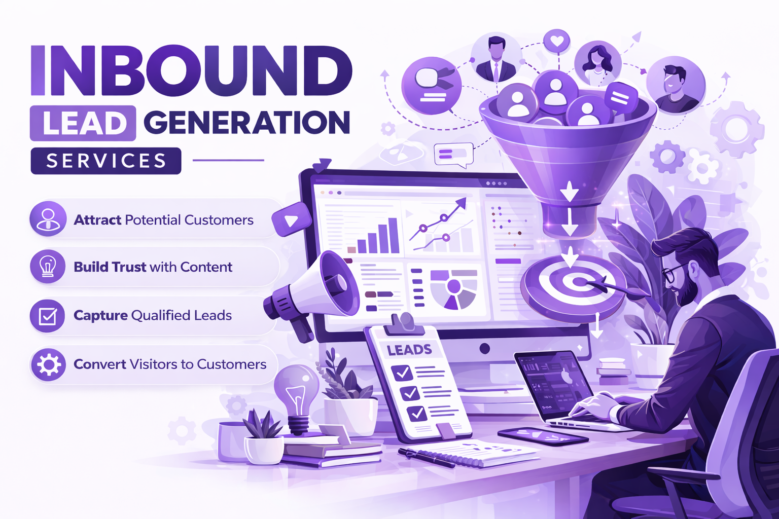 JamSEO Agency inbound lead generation services illustration showing content marketing, lead funnel strategy, audience attraction, and conversion optimization to generate qualified inbound leads.