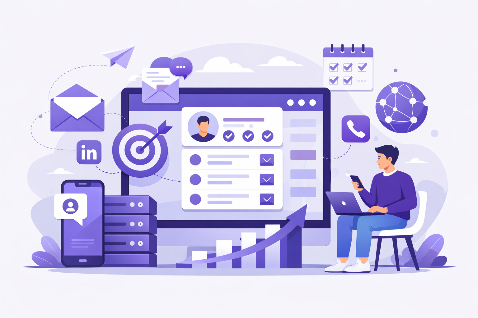 JamSEO Agency outbound lead generation services illustration showing targeted outreach, email campaigns, LinkedIn prospecting, and direct contact strategies to generate qualified outbound leads.