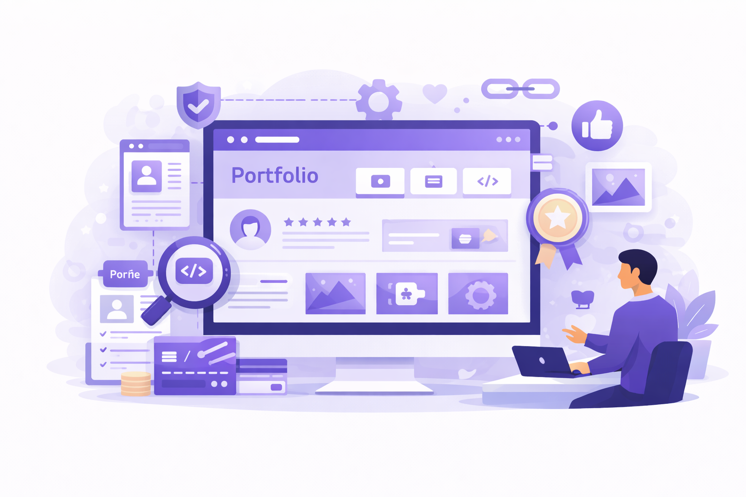 JamSEO Agency portfolio website development services illustration showing portfolio layout design, project showcase pages, personal branding elements, and responsive portfolio website structure.