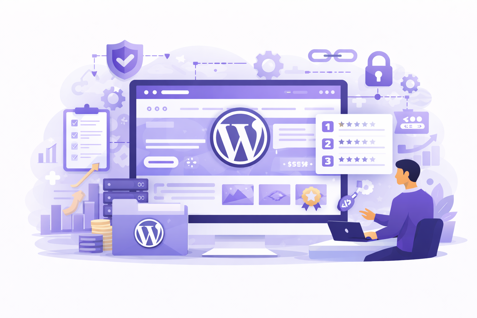 JamSEO Agency WordPress website development services illustration showing custom WordPress design, theme development, secure plugins integration, and scalable website management.