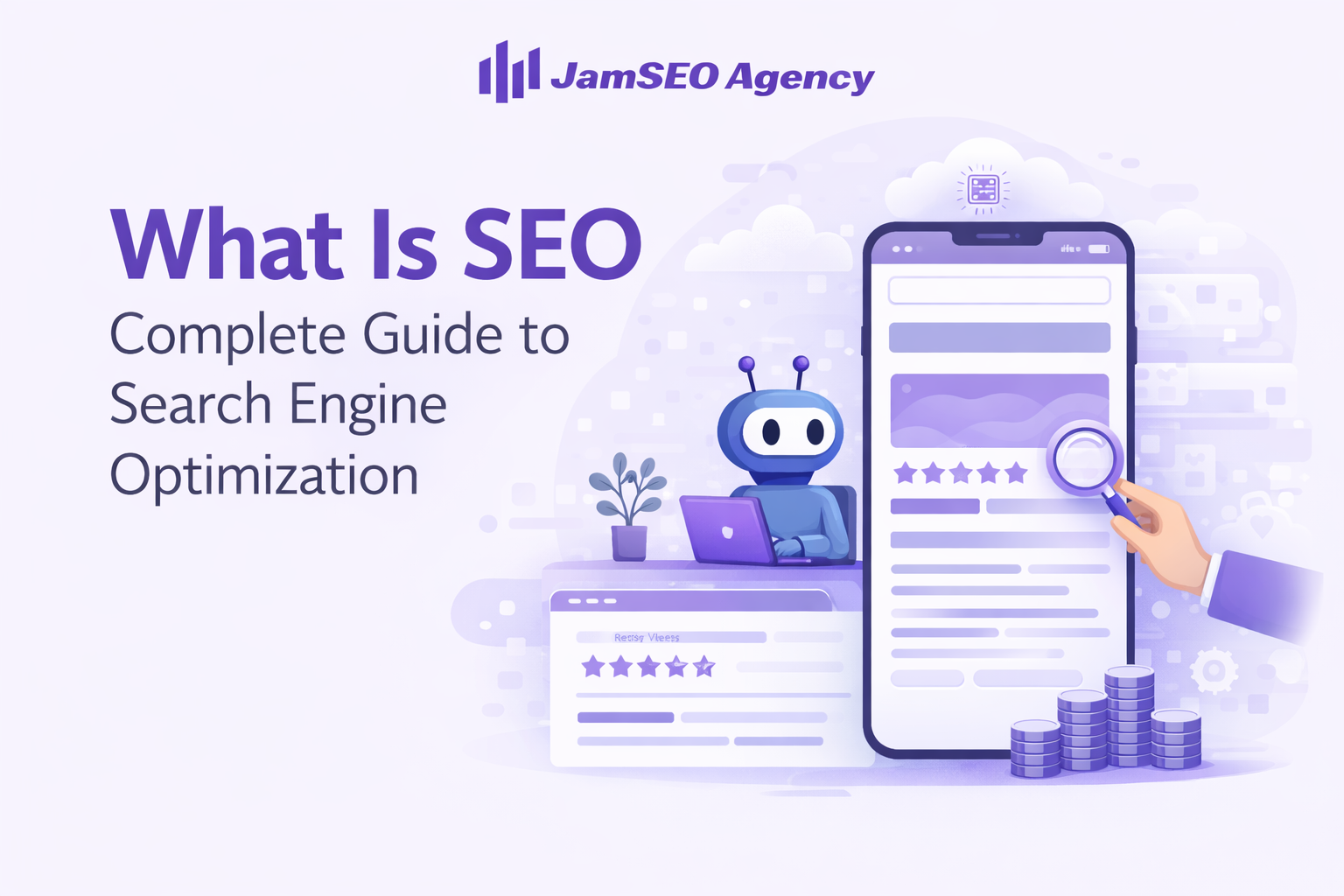 What is SEO complete guide to search engine optimization showing website analysis, search rankings, and optimization concepts for improving online visibility