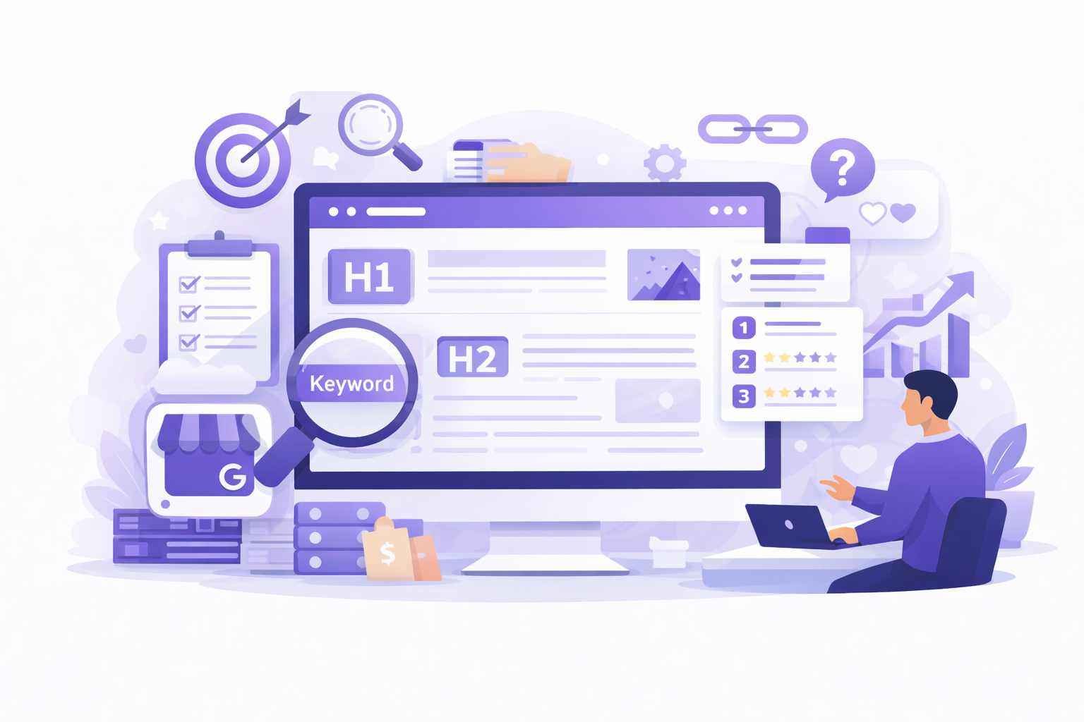 JamSEO Agency content writing SEO service illustration showing keyword research, optimized headings, search intent focused content creation, and content strategy for higher search rankings.