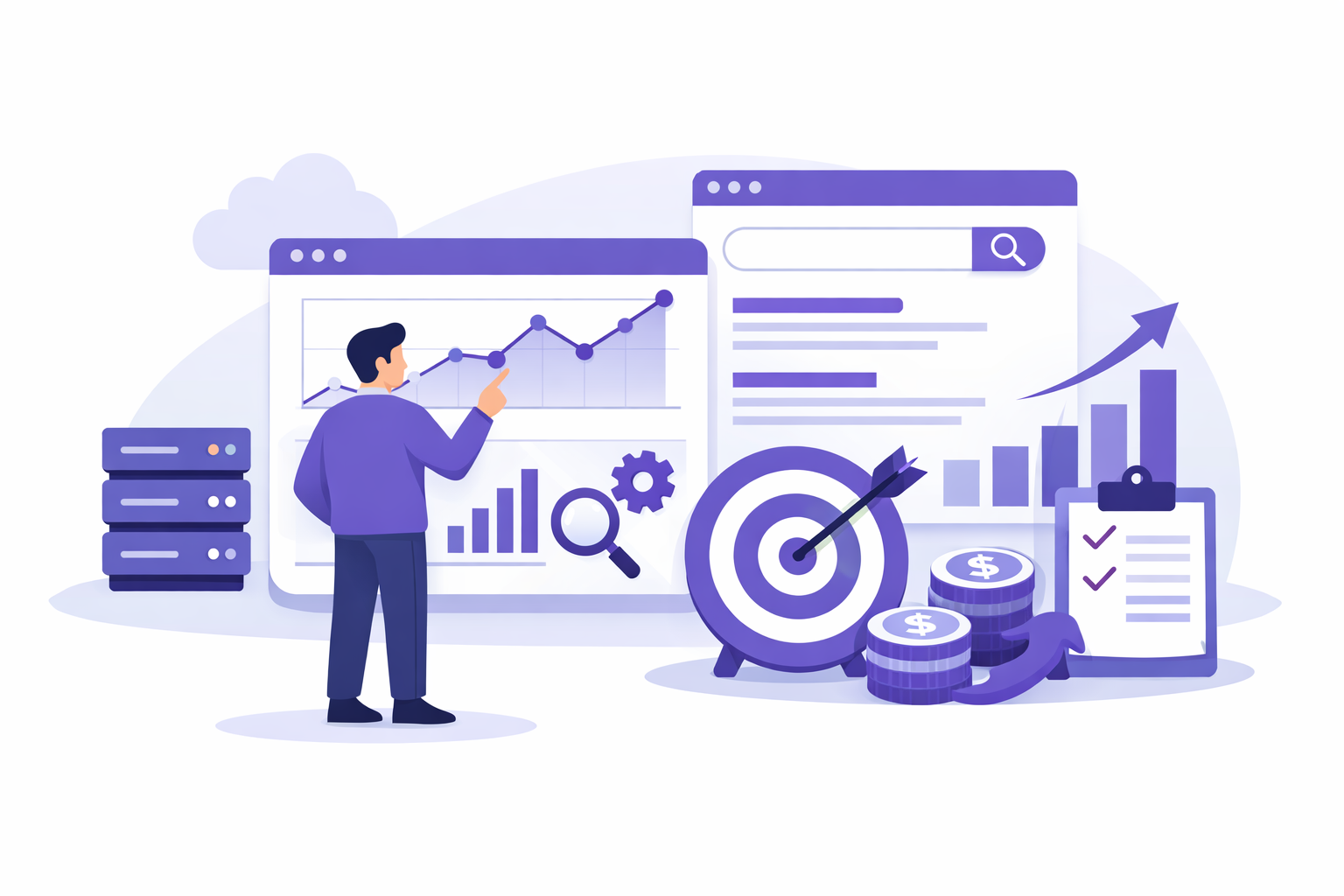 JamSEO Agency services illustration showing SEO analytics dashboard with rising growth chart, target icon, calendar, clock, hourglass, server stack, magnifying glass, workflow diagram, ranking podium, and coins in purple branding theme representing digital marketing, optimization, and performance growth.