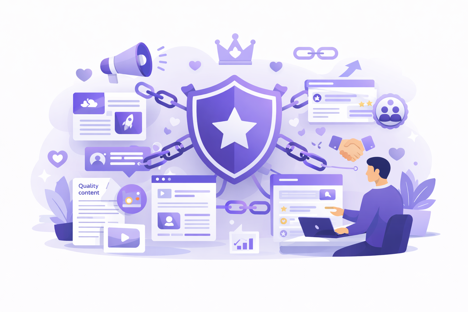 JamSEO Agency off page SEO service illustration showing backlinks, brand authority signals, content outreach, reviews, and digital PR strengthening website trust and search rankings.