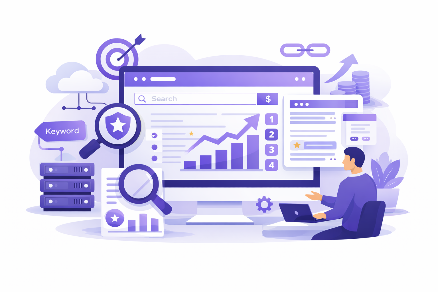 SEO services by JamSEO Agency illustration showing keyword research, search ranking growth chart, analytics dashboard, backlink building, cloud servers, and SEO specialist optimizing website performance for higher search engine visibility.