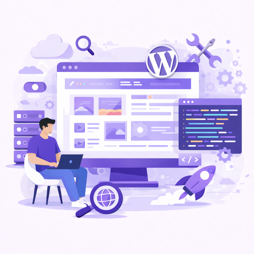 WordPress Websites service illustration showing a developer building a WordPress website with custom design, coding interface, plugins, tools, and SEO optimization elements on a desktop screen.