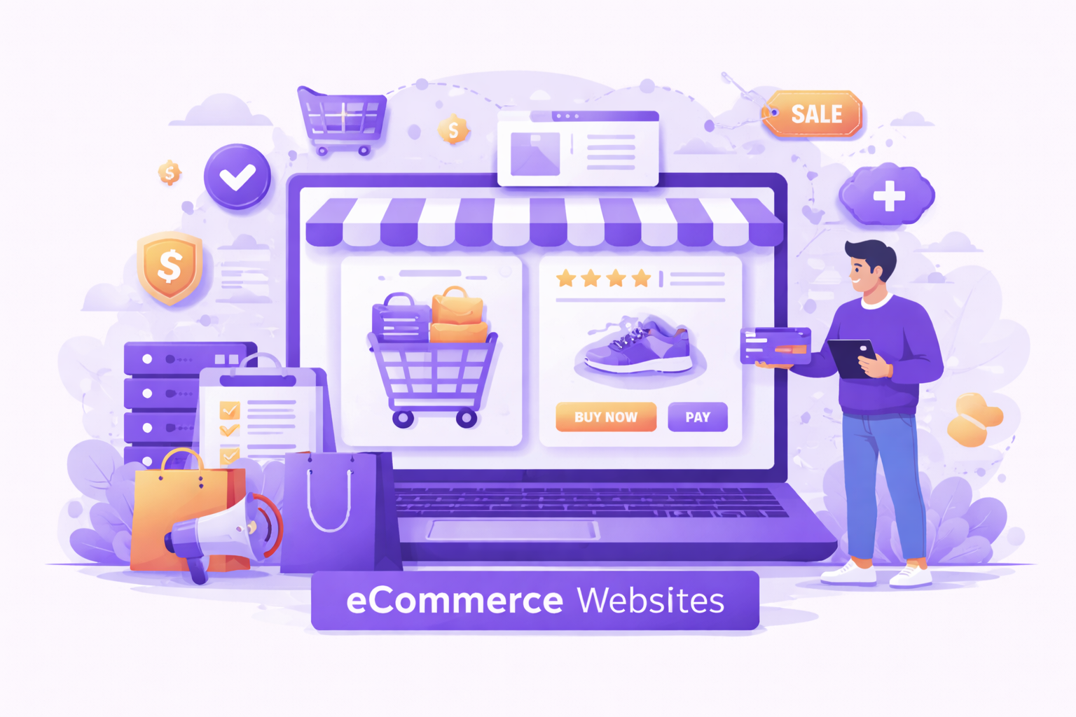 ecommerce Websites service illustration showing an online store interface with product listings, shopping cart, secure payment, customer reviews, and digital sales optimization elements.