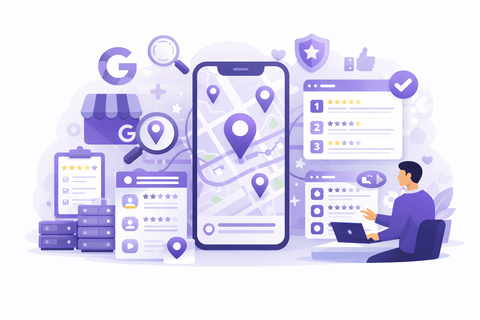 JamSEO Agency local SEO service illustration showing Google Business Profile optimization, map rankings, local reviews, citations, and location based search visibility improvements.
